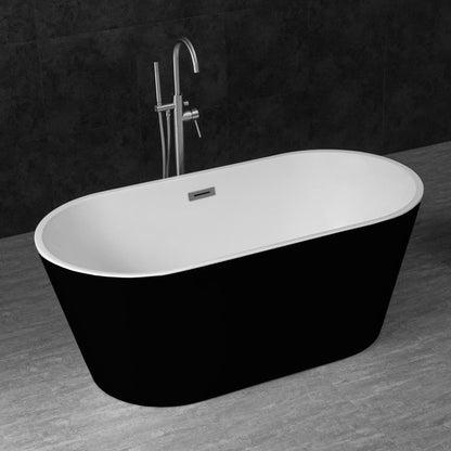 WoodBridge 59" Black Acrylic Freestanding Contemporary Soaking Bathtub With Brushed Nickel Drain, Overflow, F0070BNSQ Tub Filler and Caddy Tray