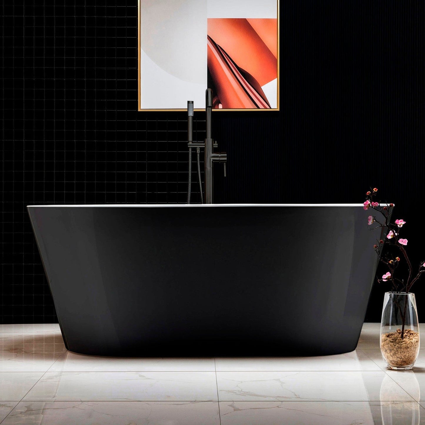 WoodBridge 59" Black Acrylic Freestanding Contemporary Soaking Bathtub With Matte Black Drain, Overflow, F0006MBSQ Tub Filler and Caddy Tray