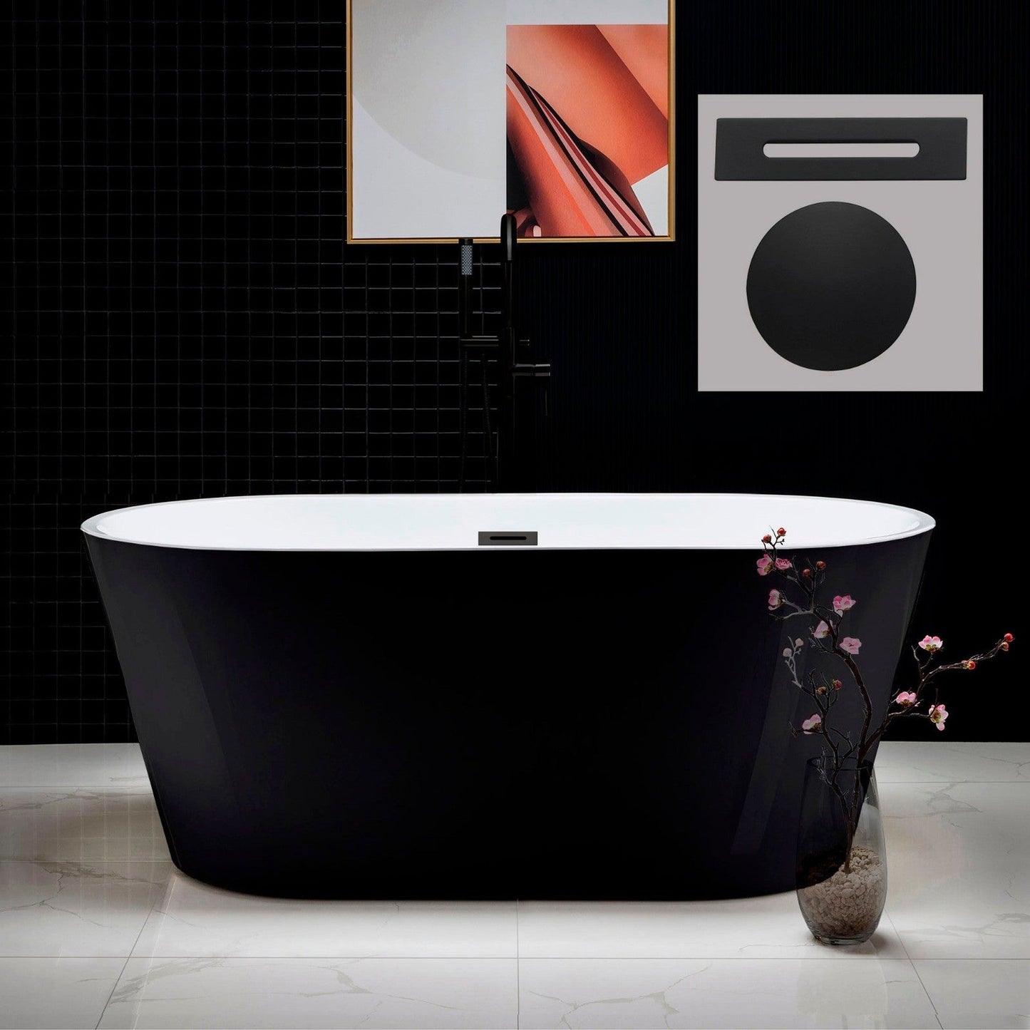 WoodBridge 59" Black Acrylic Freestanding Contemporary Soaking Bathtub With Matte Black Drain, Overflow, F0006MBSQ Tub Filler and Caddy Tray