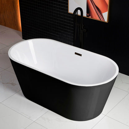 WoodBridge 59" Black Acrylic Freestanding Contemporary Soaking Bathtub With Matte Black Drain, Overflow, F0009 Tub Filler and Caddy Tray
