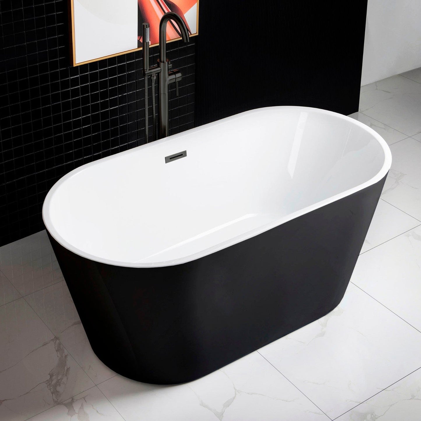 WoodBridge 59" Black Acrylic Freestanding Contemporary Soaking Bathtub With Matte Black Drain, Overflow, F0072MBDR Tub Filler and Caddy Tray