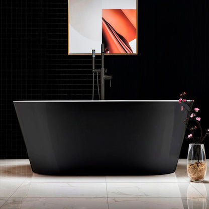 WoodBridge 59" Black Acrylic Freestanding Contemporary Soaking Bathtub With Matte Black Drain, Overflow, F0072MBRD Tub Filler and Caddy Tray