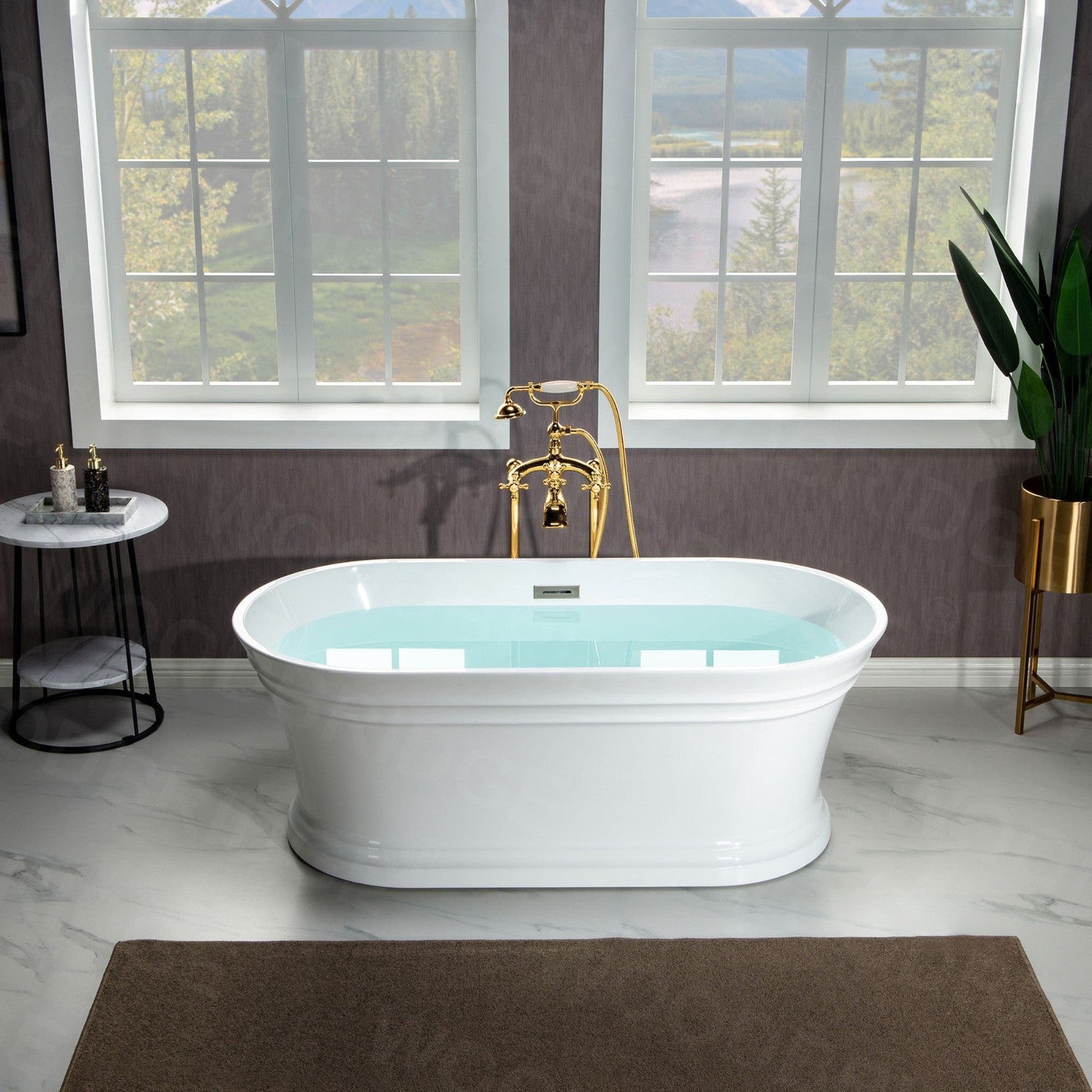 WoodBridge 59" Glossy White Lucite Acrylic Freestanding Double Ended Soaking Bathtub With Brushed Gold Center Drain Assembl, Overflow, F-0007BGRD Tub Filler and Caddy Tray