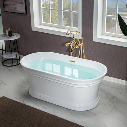 WoodBridge 59" Glossy White Lucite Acrylic Freestanding Double Ended Soaking Bathtub With Brushed Gold Center Drain Assembl, Overflow, F-0007BGRD Tub Filler and Caddy Tray