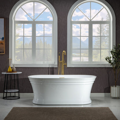 WoodBridge 59" Glossy White Lucite Acrylic Freestanding Double Ended Soaking Bathtub With Brushed Gold Center Drain Assembl, Overflow, F-0007BGRD Tub Filler and Caddy Tray