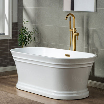 WoodBridge 59" Glossy White Lucite Acrylic Freestanding Double Ended Soaking Bathtub With Brushed Gold Center Drain Assembl, Overflow, F-0007BGRD Tub Filler and Caddy Tray