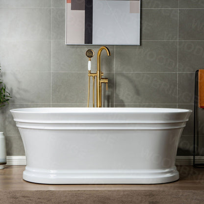 WoodBridge 59" Glossy White Lucite Acrylic Freestanding Double Ended Soaking Bathtub With Brushed Gold Center Drain Assembl, Overflow, F-0007BGRD Tub Filler and Caddy Tray