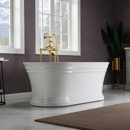 WoodBridge 59" Glossy White Lucite Acrylic Freestanding Double Ended Soaking Bathtub With Brushed Gold Center Drain Assembl, Overflow, F-0007BGRD Tub Filler and Caddy Tray