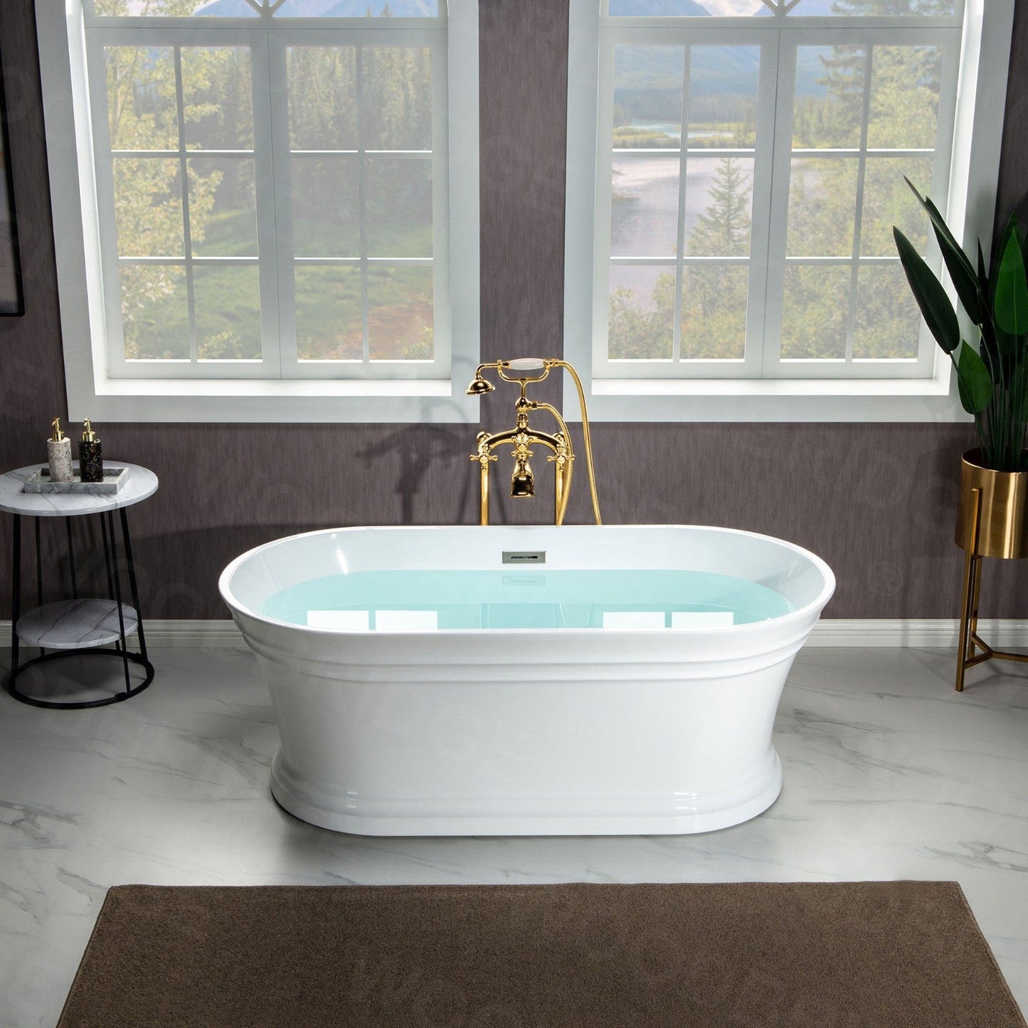 WoodBridge 59" Glossy White Lucite Acrylic Freestanding Double Ended Soaking Bathtub With Brushed Gold Center Drain Assembly, Overflow, F-0007BGVT Tub Filler and Caddy Tray