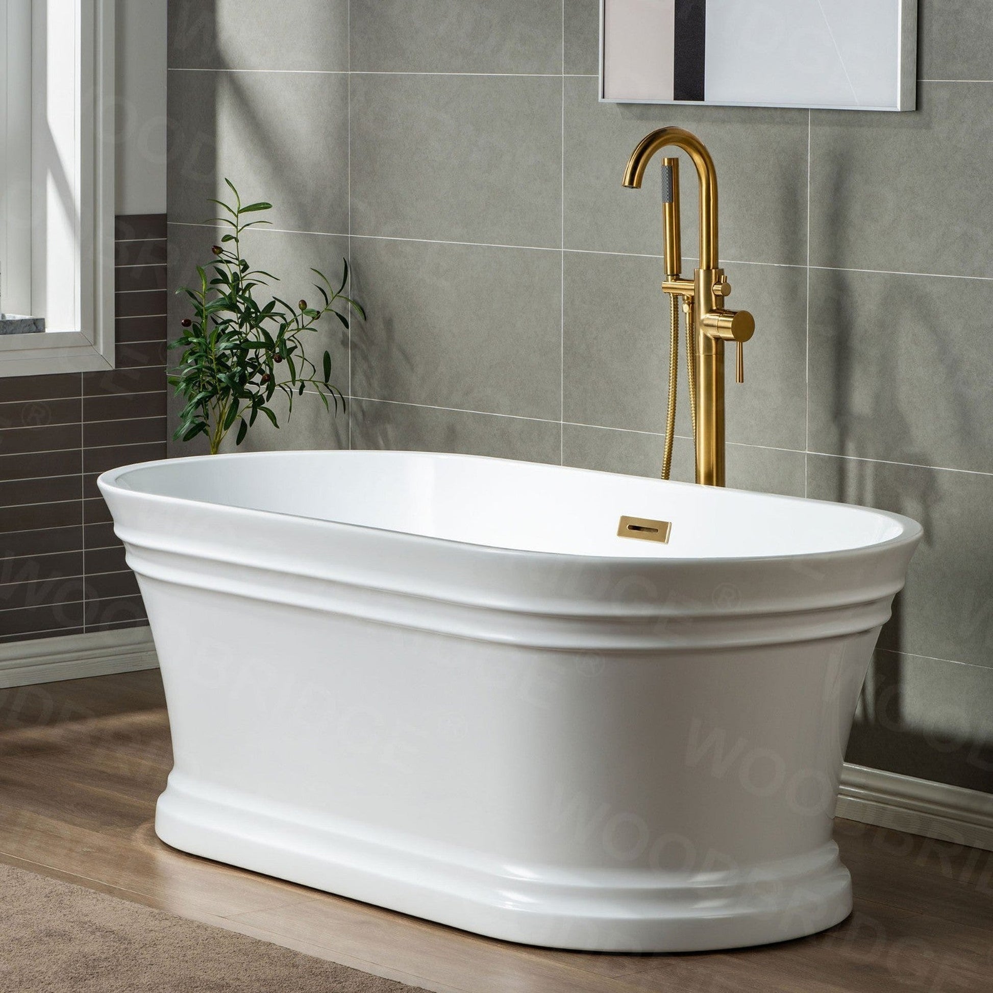 WoodBridge 59" Glossy White Lucite Acrylic Freestanding Double Ended Soaking Bathtub With Brushed Gold Center Drain Assembly, Overflow, F-0007BGVT Tub Filler and Caddy Tray