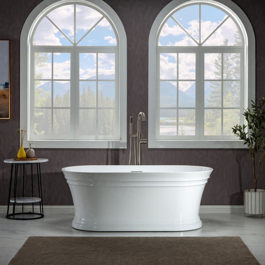 WoodBridge 59" Glossy White Lucite Acrylic Freestanding Double Ended Soaking Bathtub With Brushed Nickel Center Drain Assembly and Overflow