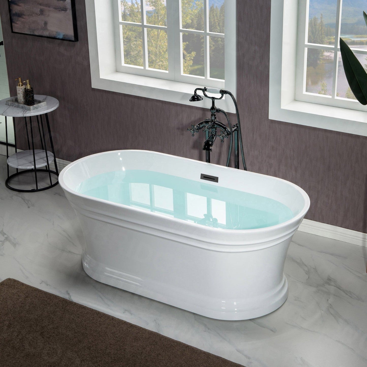 WoodBridge 59" Glossy White Lucite Acrylic Freestanding Double Ended Soaking Bathtub With Matte Black Center Drain Assembly, Overflow, F0006MBRD Tub Filler and Caddy Tray