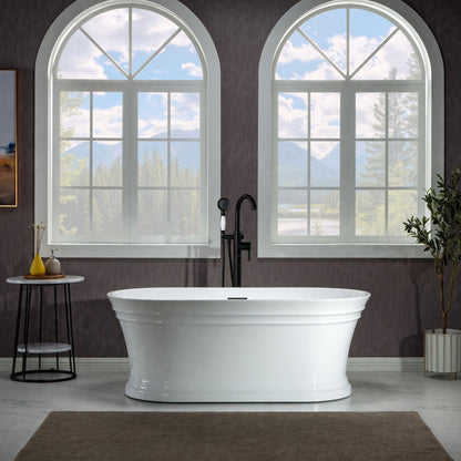 WoodBridge 59" Glossy White Lucite Acrylic Freestanding Double Ended Soaking Bathtub With Matte Black Center Drain Assembly, Overflow, F0006MBRD Tub Filler and Caddy Tray