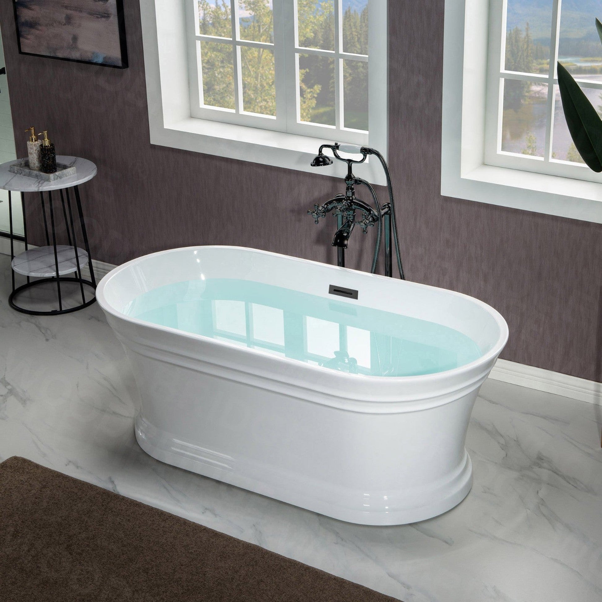 WoodBridge 59" Glossy White Lucite Acrylic Freestanding Double Ended Soaking Bathtub With Matte Black Center Drain Assembly, Overflow, F0006MBSQ Tub Filler and Caddy Tray