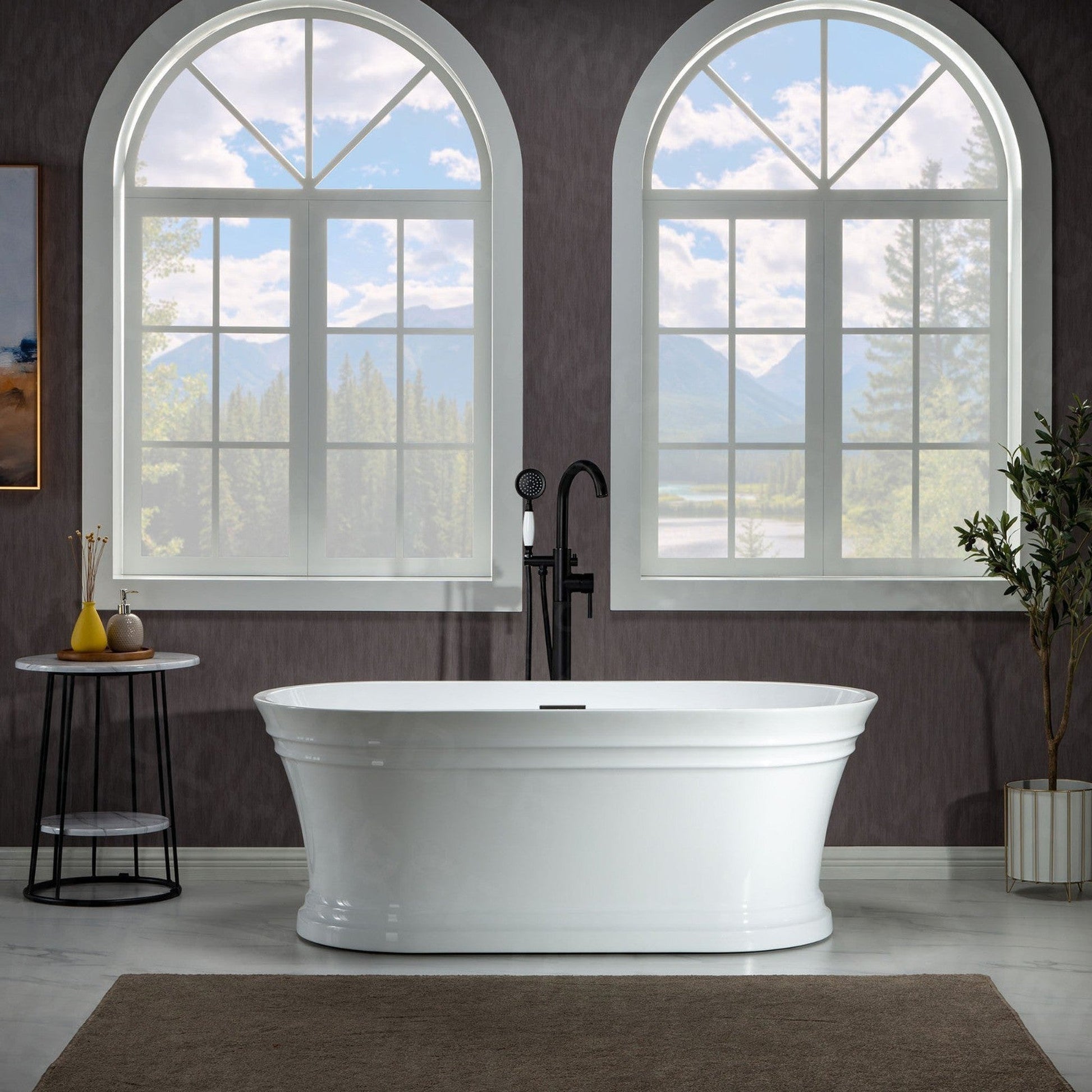 WoodBridge 59" Glossy White Lucite Acrylic Freestanding Double Ended Soaking Bathtub With Matte Black Center Drain Assembly, Overflow, F0006MBVT Tub Filler and Caddy Tray