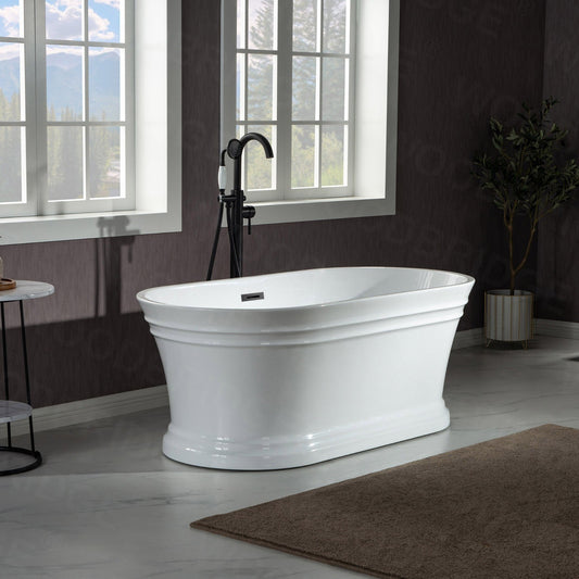 WoodBridge 59" Glossy White Lucite Acrylic Freestanding Double Ended Soaking Bathtub With Matte Black Center Drain Assembly and Overflow