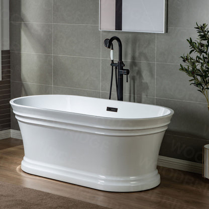 WoodBridge 59" Glossy White Lucite Acrylic Freestanding Double Ended Soaking Bathtub With Oil Rubbed Bronze Center Drain Assembly and Overflow