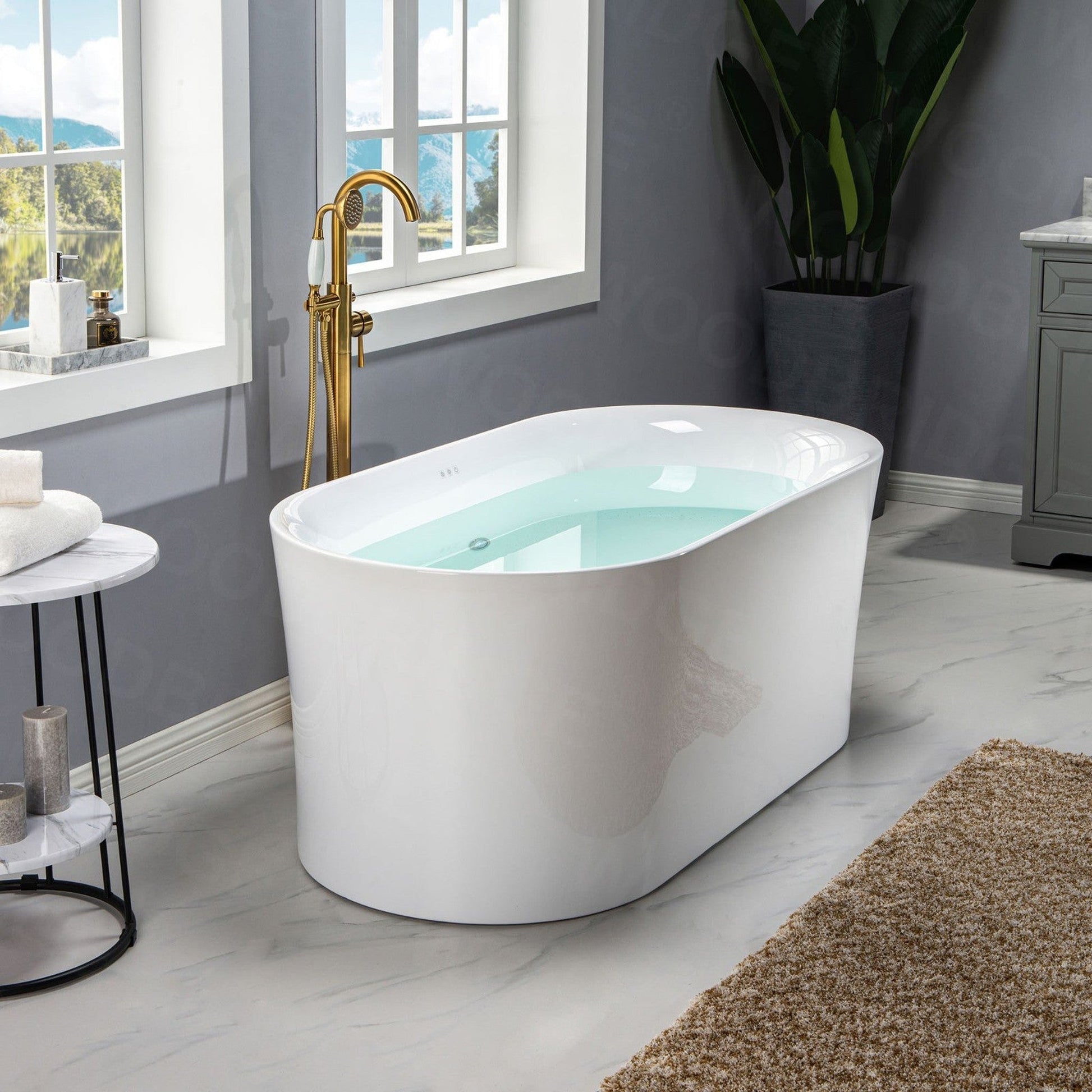 WoodBridge 59" White Acrylic Freestanding Air Bubble Soaking Bathtub With Brushed Gold Drain, Overflow, F-0007BGRD Tub Filler and Caddy Tray