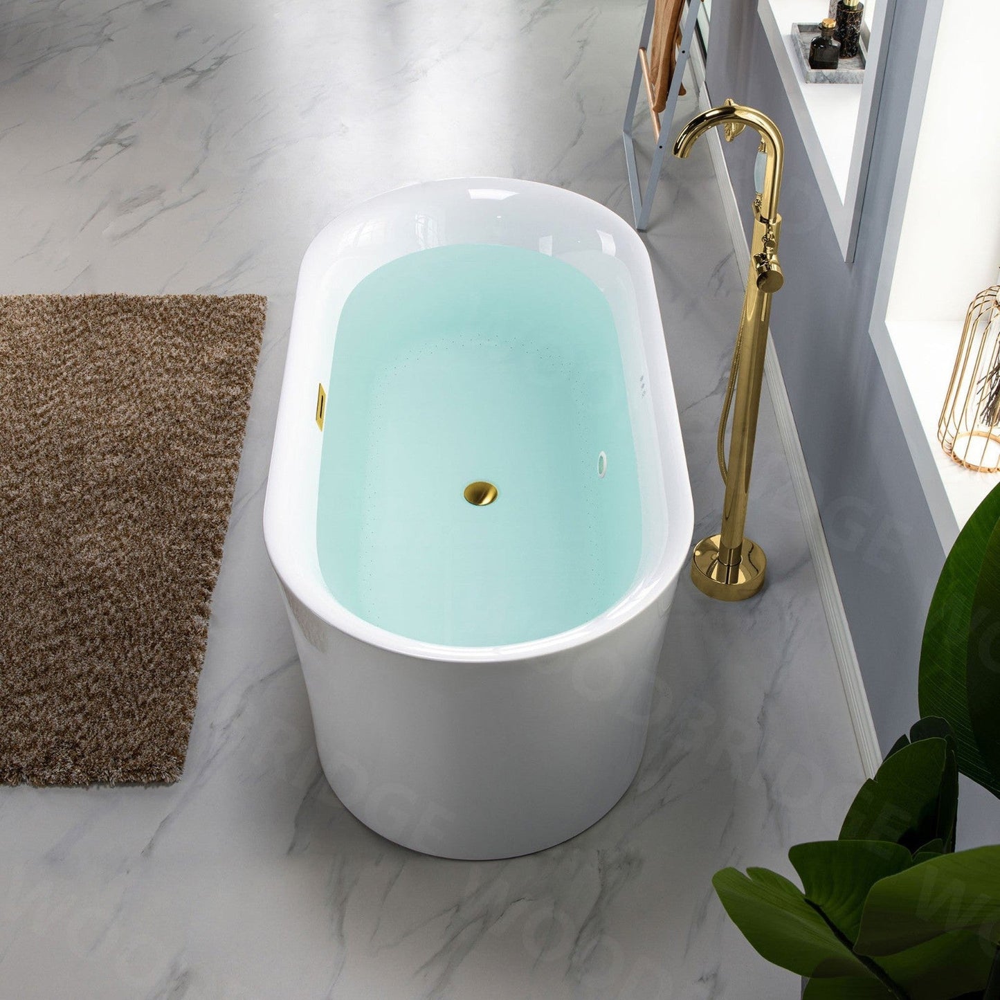 WoodBridge 59" White Acrylic Freestanding Air Bubble Soaking Bathtub With Brushed Gold Drain, Overflow, F-0007BGRD Tub Filler and Caddy Tray