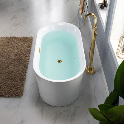 WoodBridge 59" White Acrylic Freestanding Air Bubble Soaking Bathtub With Brushed Gold Drain, Overflow, F-0007BGRD Tub Filler and Caddy Tray