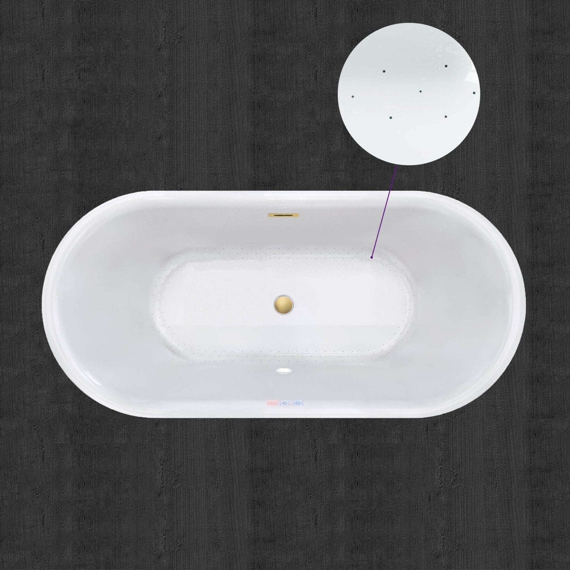 WoodBridge 59" White Acrylic Freestanding Air Bubble Soaking Bathtub With Brushed Gold Drain, Overflow, F-0007BGRD Tub Filler and Caddy Tray