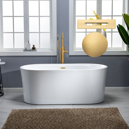 WoodBridge 59" White Acrylic Freestanding Air Bubble Soaking Bathtub With Brushed Gold Drain, Overflow, F-0007BGRD Tub Filler and Caddy Tray