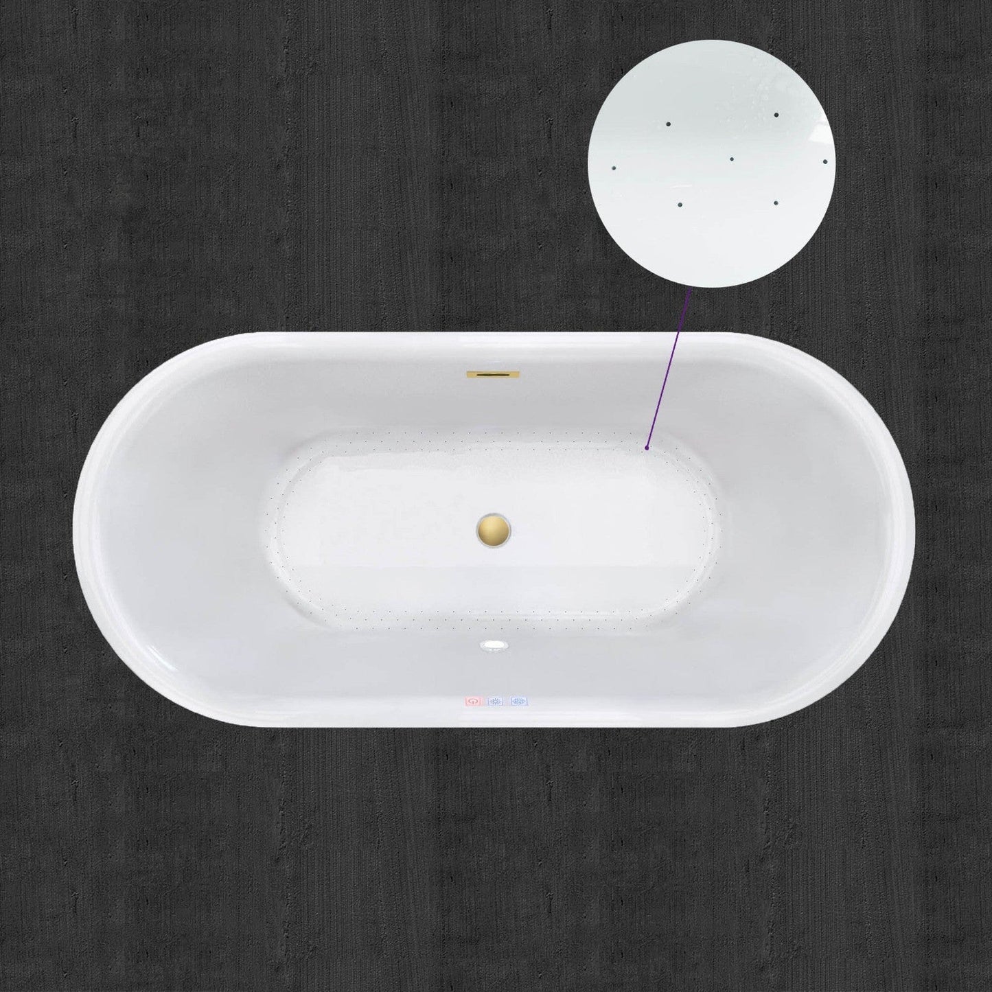 WoodBridge 59" White Acrylic Freestanding Air Bubble Soaking Bathtub With Brushed Gold Drain, Overflow, F-0007BGVT Tub Filler and Caddy Tray