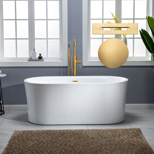 WoodBridge 59" White Acrylic Freestanding Air Bubble Soaking Bathtub With Brushed Gold Drain, Overflow, F-0007BGVT Tub Filler and Caddy Tray