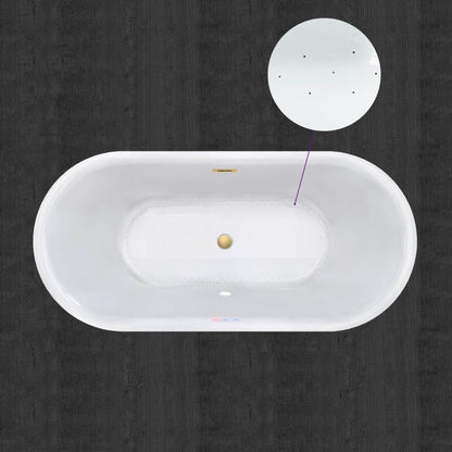 WoodBridge 59" White Acrylic Freestanding Air Bubble Soaking Bathtub With Brushed Gold Drain, Overflow, F-0008 Tub Filler and Caddy Tray