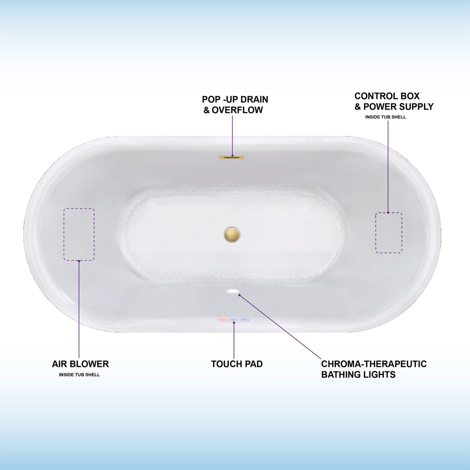WoodBridge 59" White Acrylic Freestanding Air Bubble Soaking Bathtub With Brushed Gold Overflow and Drain Finish