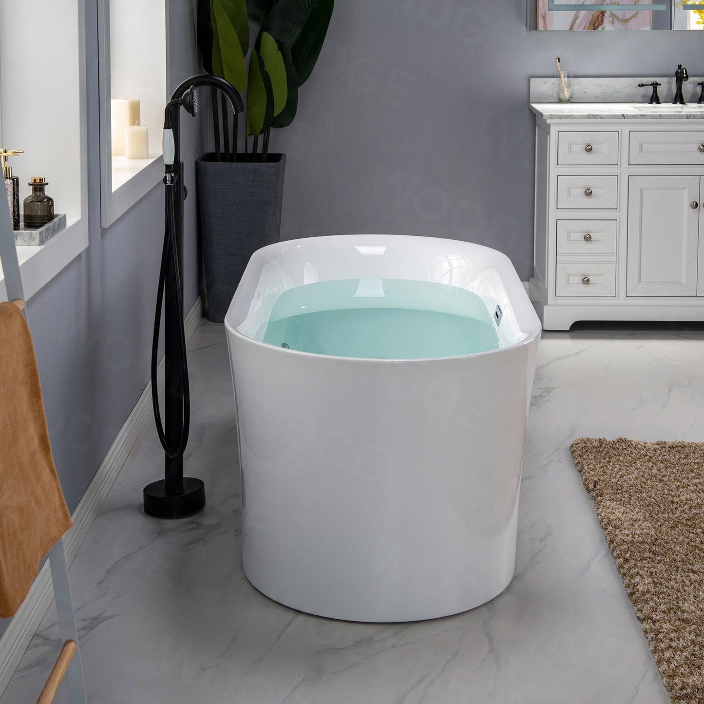 WoodBridge 59" White Acrylic Freestanding Air Bubble Soaking Bathtub With Brushed Nickel Drain, Overflow, F-0003 Tub Filler and Caddy Tray