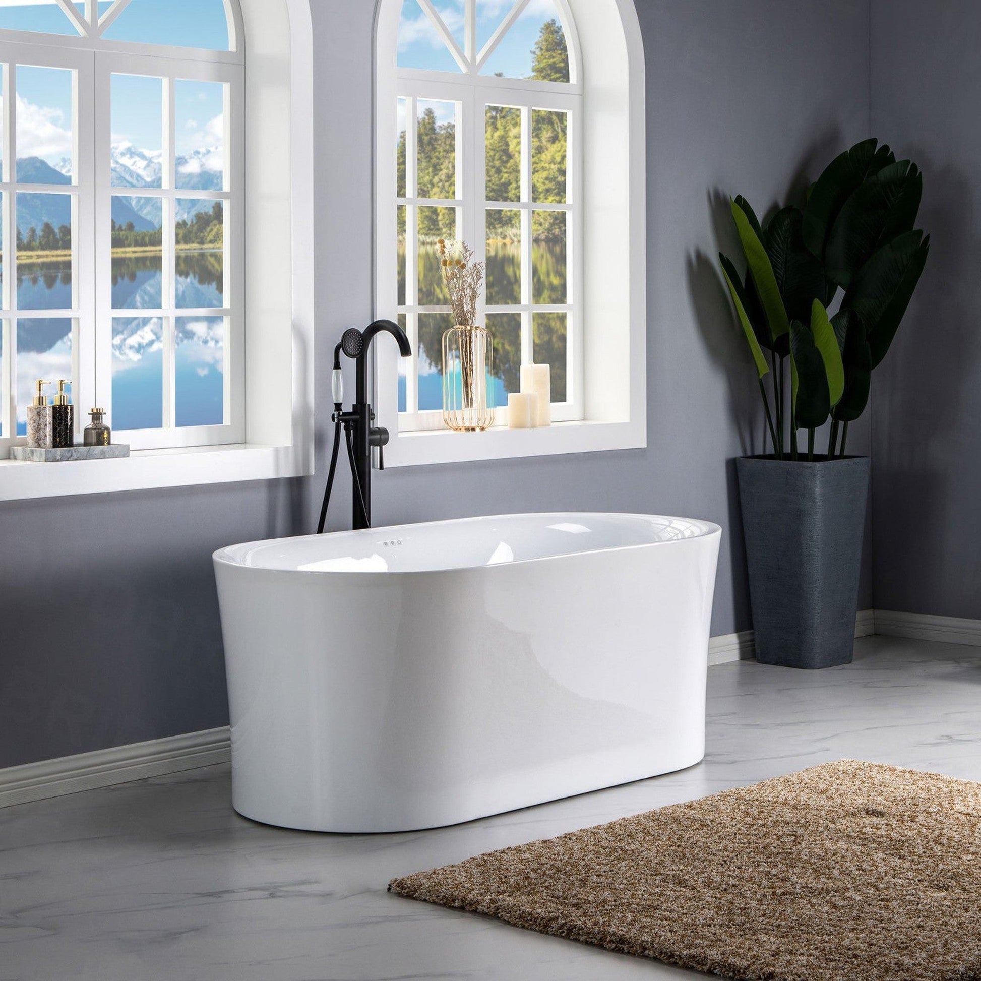 WoodBridge 59" White Acrylic Freestanding Air Bubble Soaking Bathtub With Brushed Nickel Drain, Overflow, F-0003 Tub Filler and Caddy Tray