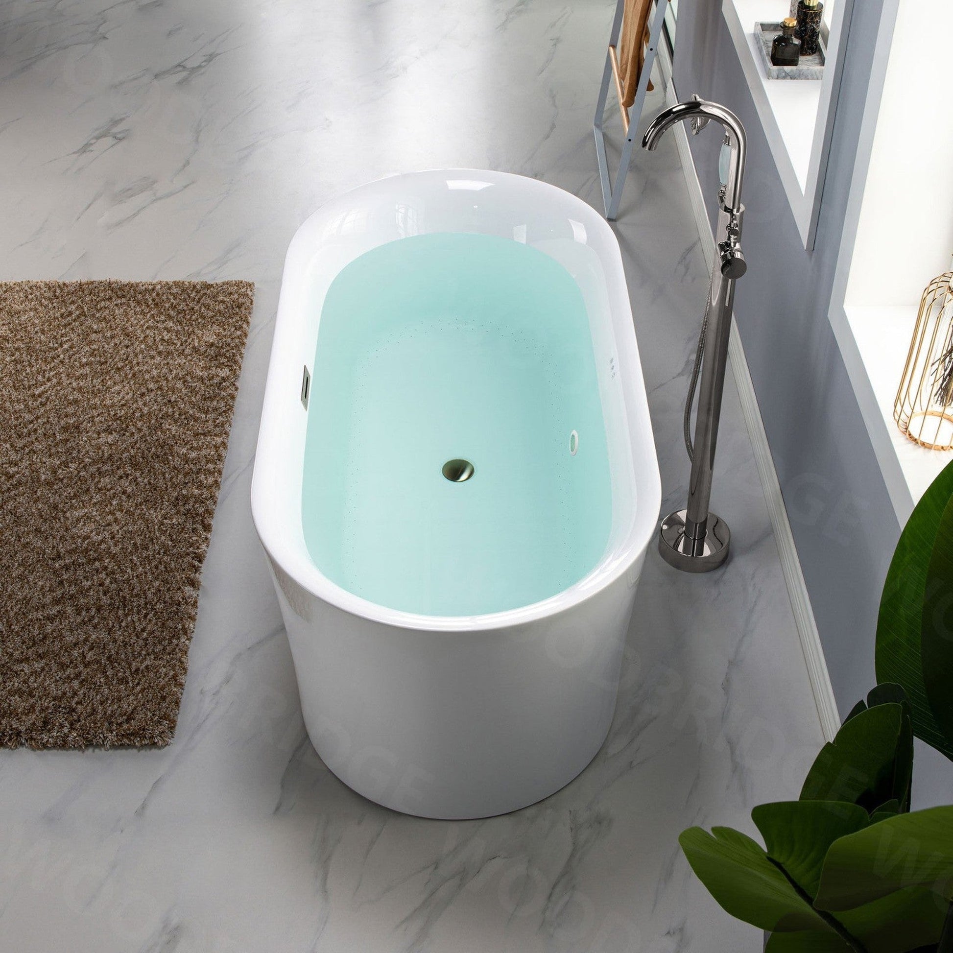 WoodBridge 59" White Acrylic Freestanding Air Bubble Soaking Bathtub With Brushed Nickel Drain, Overflow, F-0003 Tub Filler and Caddy Tray