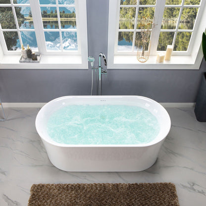 WoodBridge 59" White Acrylic Freestanding Air Bubble Soaking Bathtub With Brushed Nickel Drain, Overflow, F-0003 Tub Filler and Caddy Tray