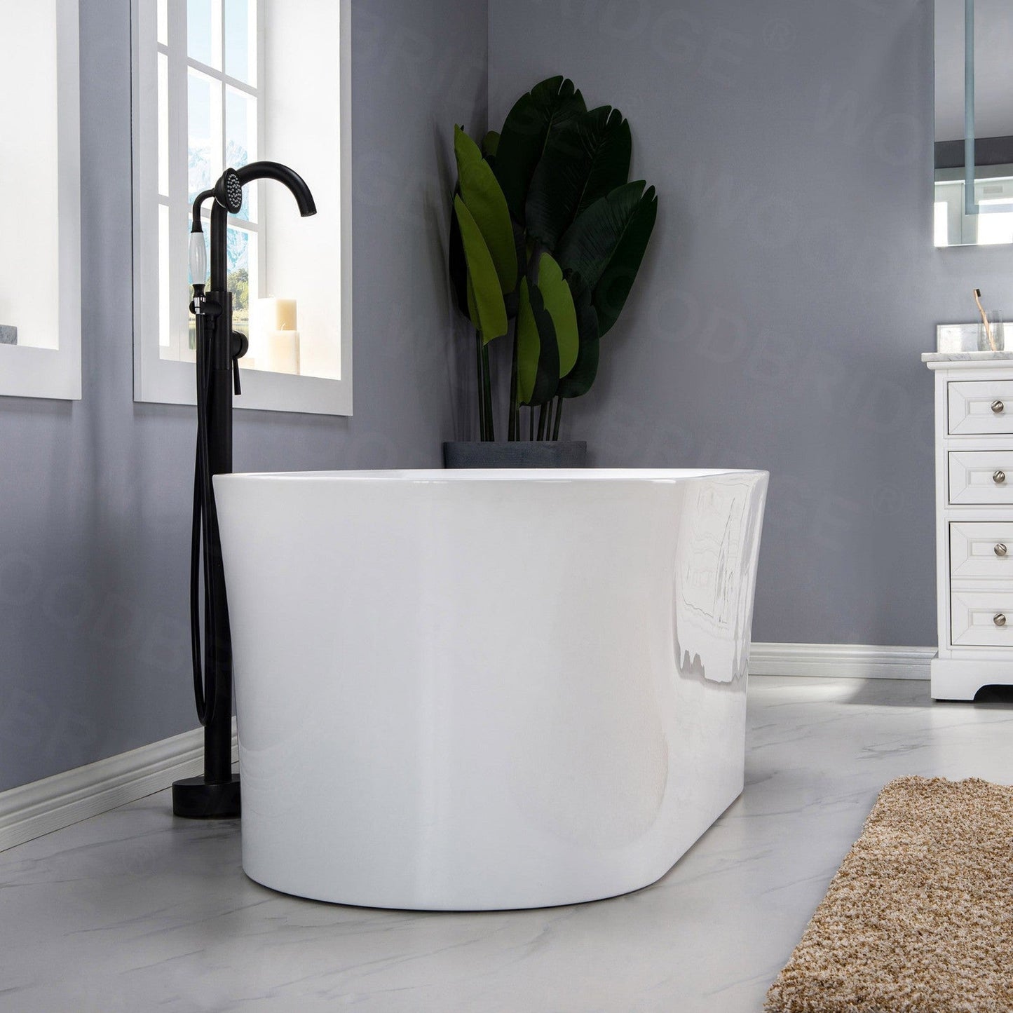 WoodBridge 59" White Acrylic Freestanding Air Bubble Soaking Bathtub With Brushed Nickel Drain, Overflow, F-0003 Tub Filler and Caddy Tray