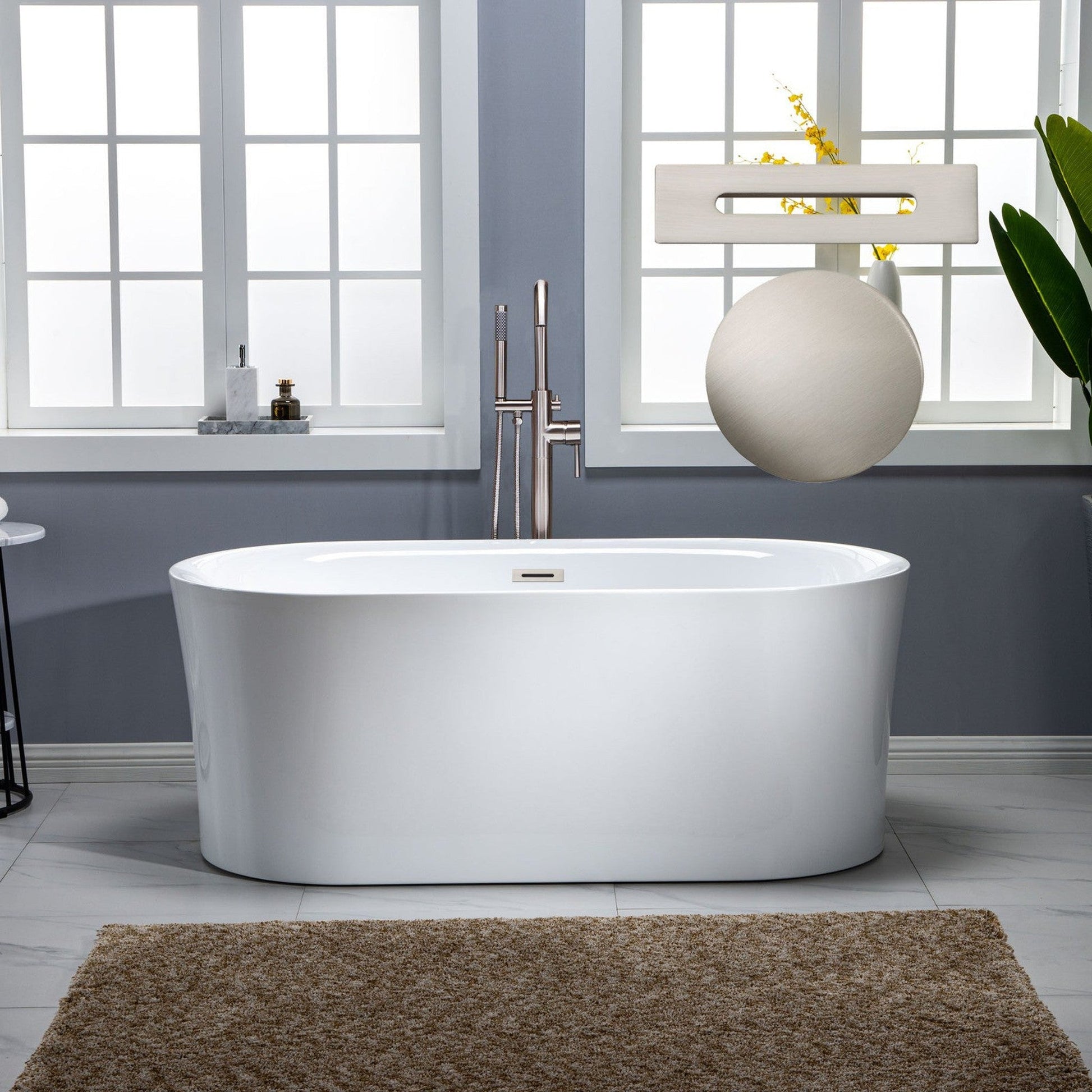 WoodBridge 59" White Acrylic Freestanding Air Bubble Soaking Bathtub With Brushed Nickel Drain, Overflow, F-0003 Tub Filler and Caddy Tray