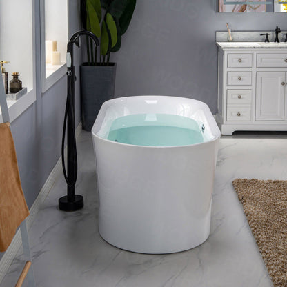 WoodBridge 59" White Acrylic Freestanding Air Bubble Soaking Bathtub With Brushed Nickel Drain, Overflow, F-0014-BN Tub Filler and Caddy Tray