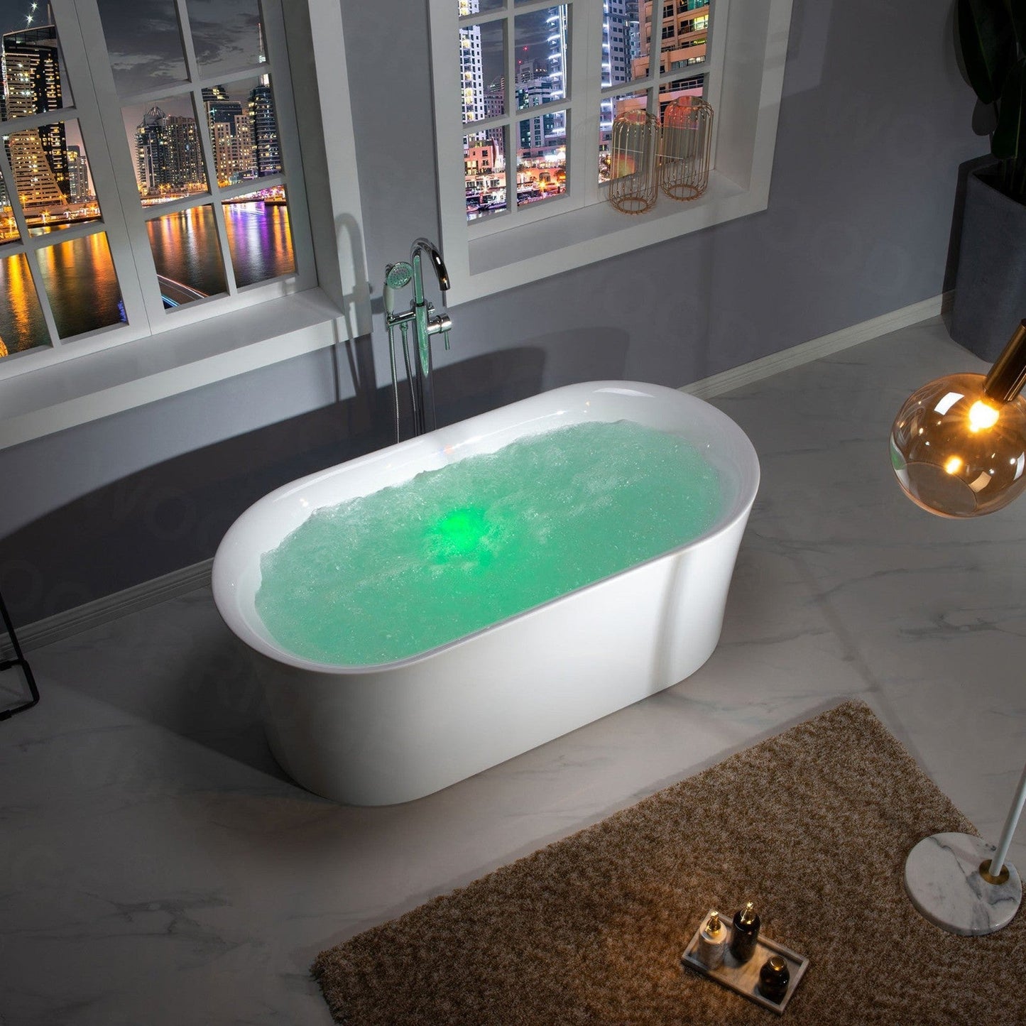 WoodBridge 59" White Acrylic Freestanding Air Bubble Soaking Bathtub With Brushed Nickel Drain, Overflow, F-0014-BN Tub Filler and Caddy Tray