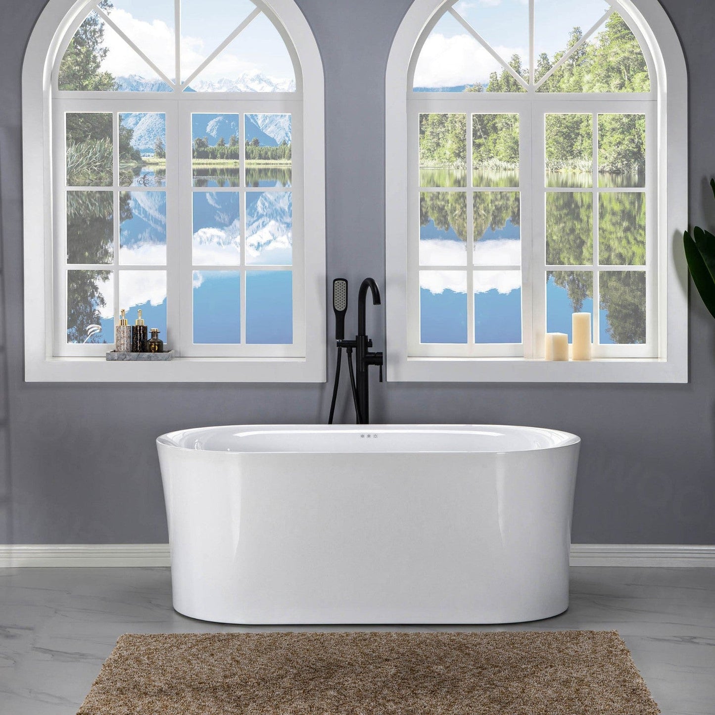 WoodBridge 59" White Acrylic Freestanding Air Bubble Soaking Bathtub With Brushed Nickel Drain, Overflow, F-0018BN Tub Filler and Caddy Tray