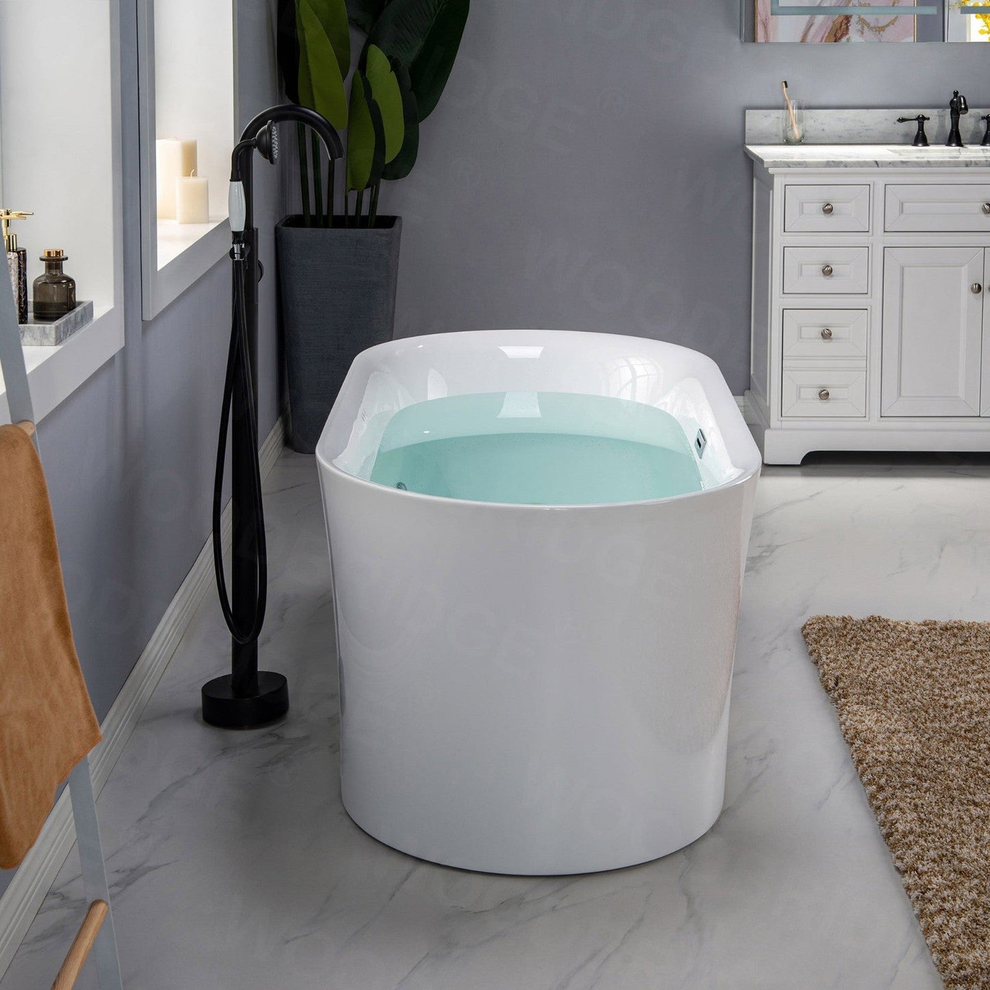 WoodBridge 59" White Acrylic Freestanding Air Bubble Soaking Bathtub With Brushed Nickel Drain, Overflow, F0040BN Tub Filler and Caddy Tray
