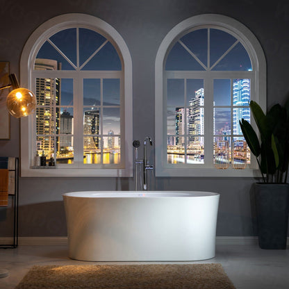 WoodBridge 59" White Acrylic Freestanding Air Bubble Soaking Bathtub With Brushed Nickel Drain, Overflow, F0040BN Tub Filler and Caddy Tray