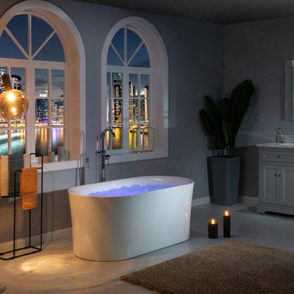 WoodBridge 59" White Acrylic Freestanding Air Bubble Soaking Bathtub With Brushed Nickel Drain, Overflow, F0040BN Tub Filler and Caddy Tray