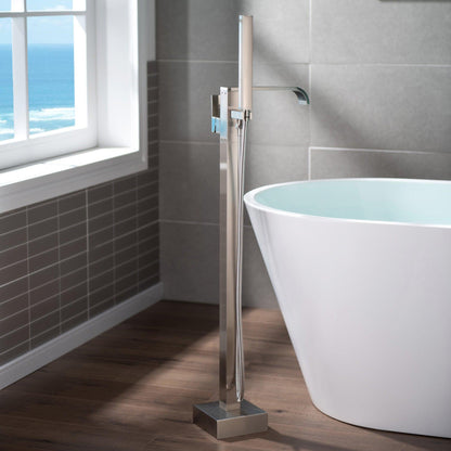 WoodBridge 59" White Acrylic Freestanding Air Bubble Soaking Bathtub With Brushed Nickel Drain, Overflow, F0040BN Tub Filler and Caddy Tray