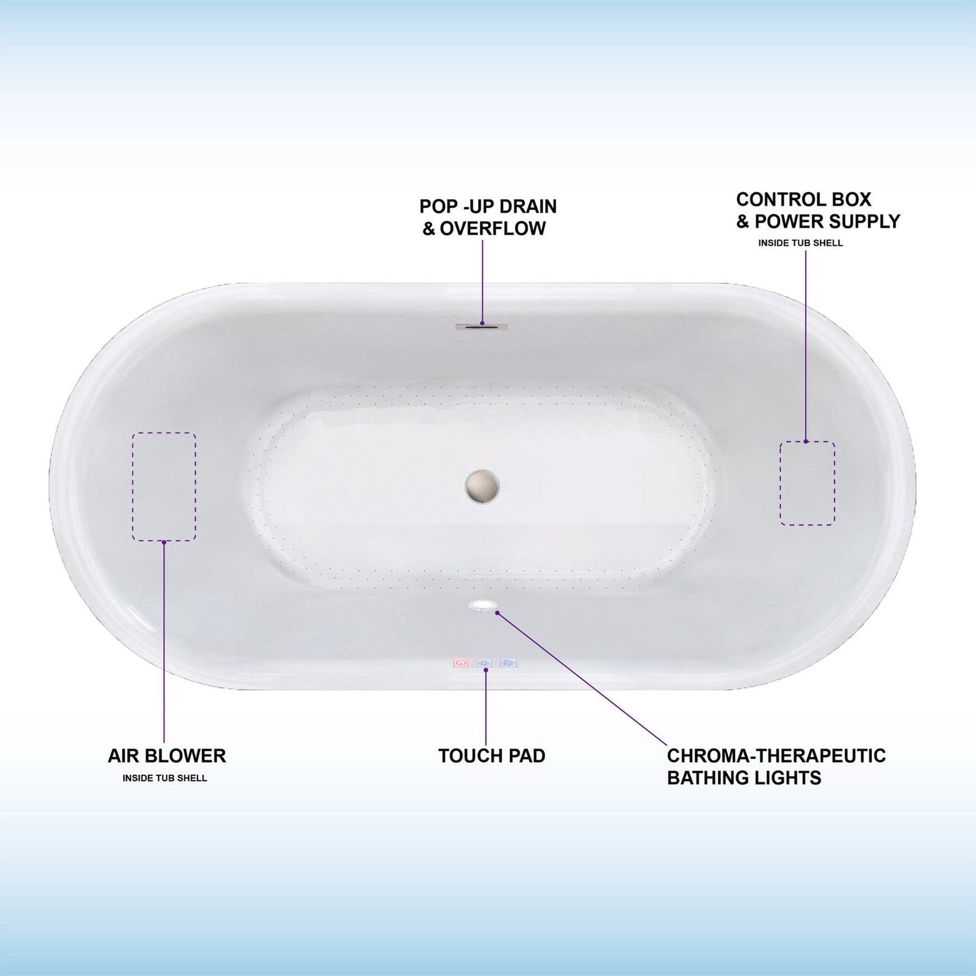 WoodBridge 59" White Acrylic Freestanding Air Bubble Soaking Bathtub With Brushed Nickel Drain, Overflow, F0040BN Tub Filler and Caddy Tray
