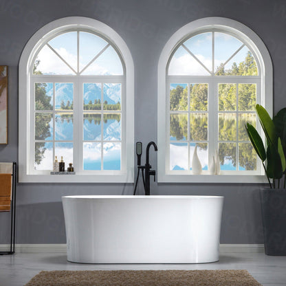 WoodBridge 59" White Acrylic Freestanding Air Bubble Soaking Bathtub With Brushed Nickel Drain, Overflow, F0070BNDR Tub Filler and Caddy Tray