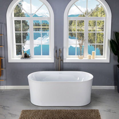 WoodBridge 59" White Acrylic Freestanding Air Bubble Soaking Bathtub With Brushed Nickel Drain, Overflow, F0070BNDR Tub Filler and Caddy Tray