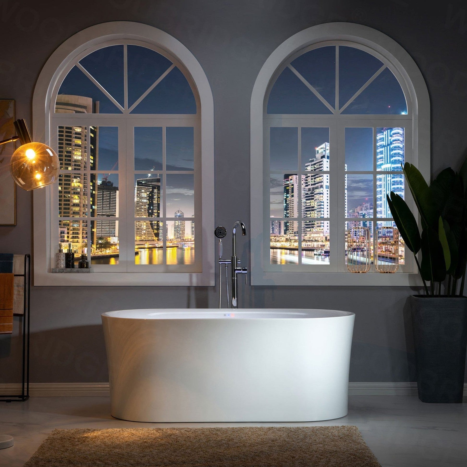 WoodBridge 59" White Acrylic Freestanding Air Bubble Soaking Bathtub With Brushed Nickel Drain, Overflow, F0070BNDR Tub Filler and Caddy Tray