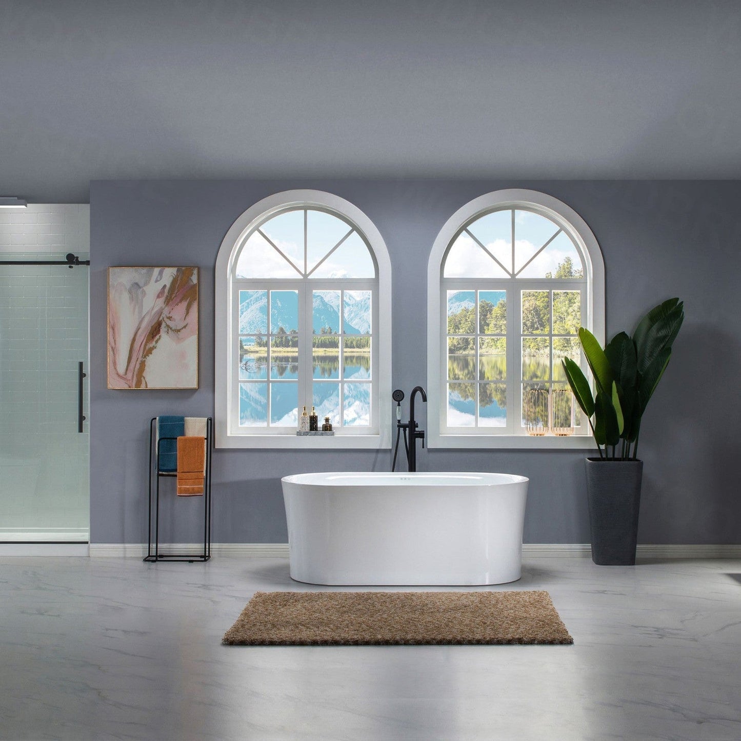WoodBridge 59" White Acrylic Freestanding Air Bubble Soaking Bathtub With Brushed Nickel Drain, Overflow, F0070BNDR Tub Filler and Caddy Tray