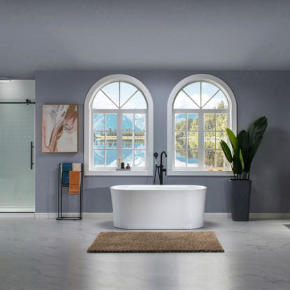 WoodBridge 59" White Acrylic Freestanding Air Bubble Soaking Bathtub With Brushed Nickel Drain, Overflow, F0070BNDR Tub Filler and Caddy Tray