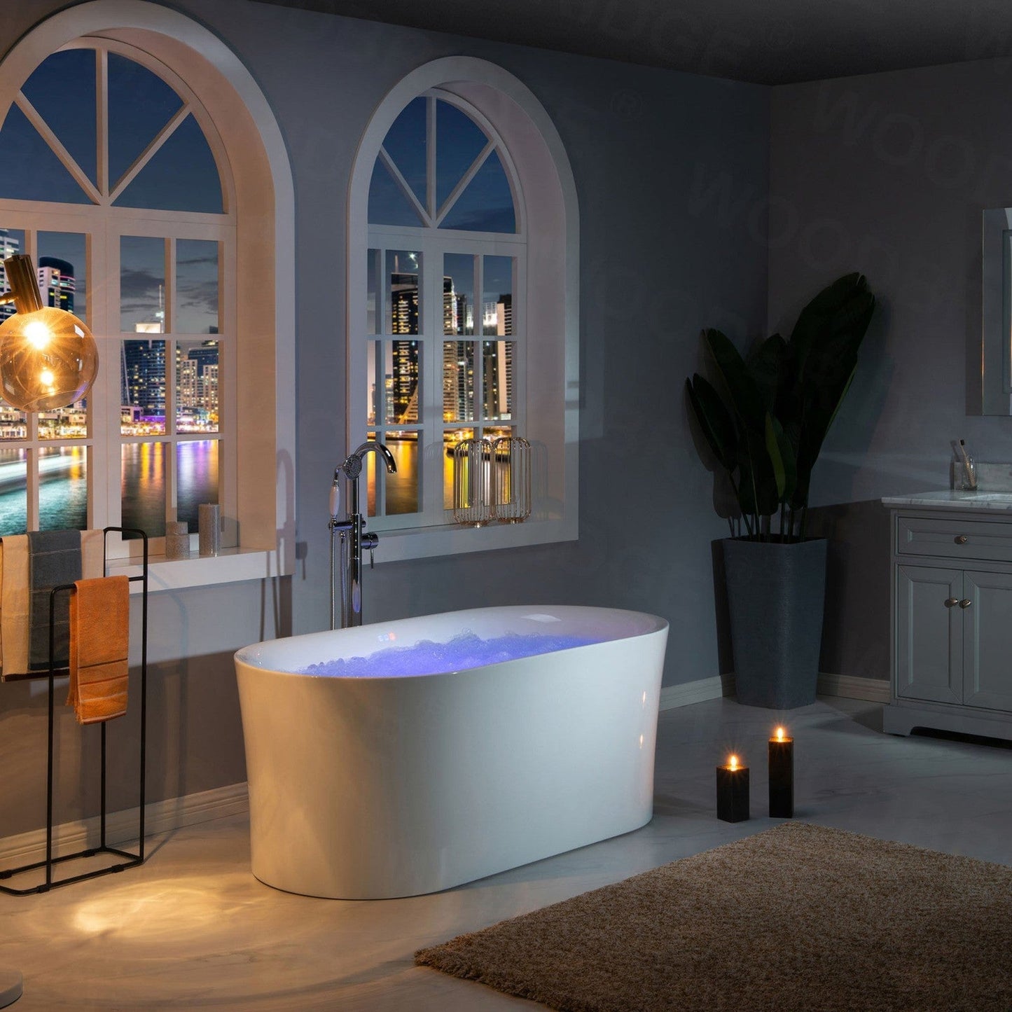 WoodBridge 59" White Acrylic Freestanding Air Bubble Soaking Bathtub With Brushed Nickel Drain, Overflow, F0070BNDR Tub Filler and Caddy Tray